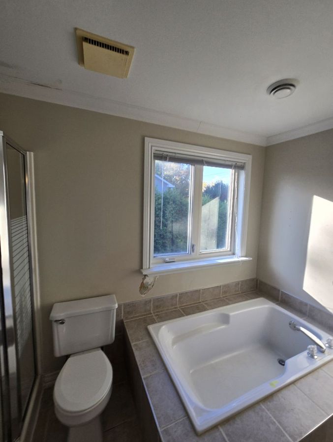 Toilette, bain et mur abîmé sous la fenêtre.